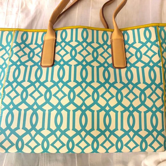 Kate Landry Tote "Like New" Teal/Yellow/White Lattice Design Gold Hardware - Picture 5 of 12